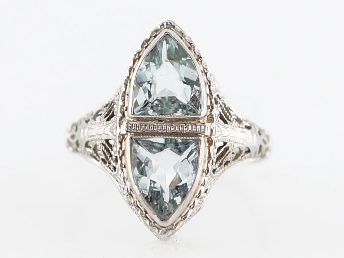 Antique Cocktail Ring Art Deco 1.20 Shield Cut Aquamarine in 14k White Gold - Image 2