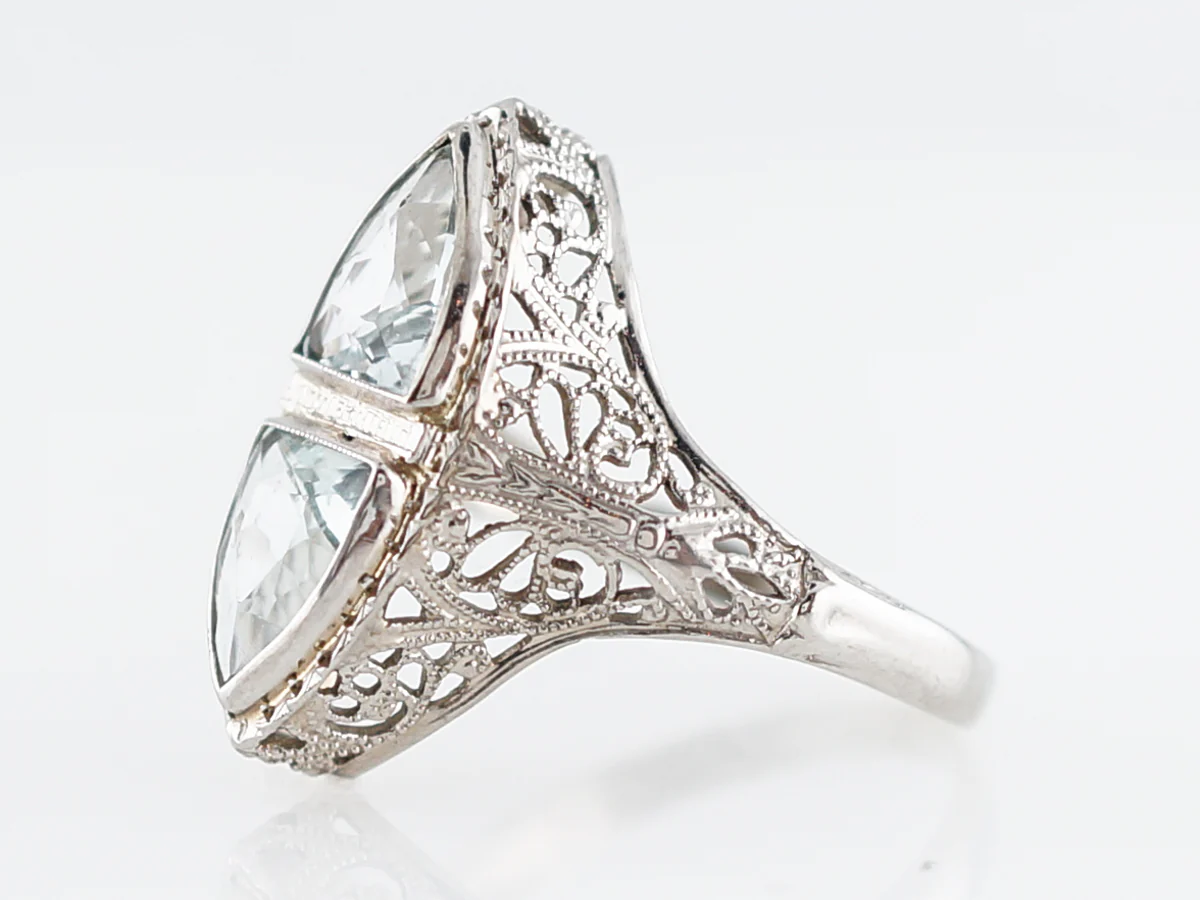 Antique Cocktail Ring Art Deco 1.20 Shield Cut Aquamarine in 14k White Gold - Image 3