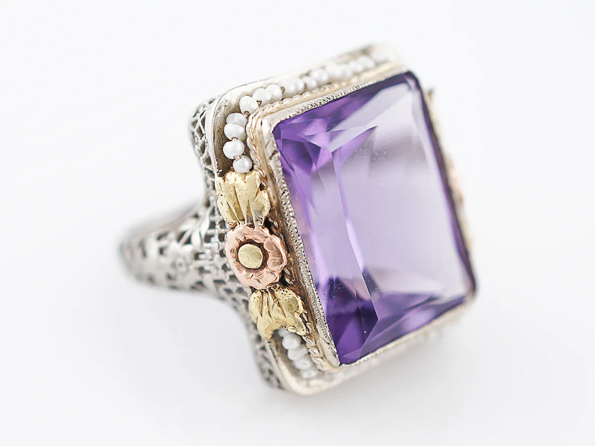 Antique Cocktail Ring Art Deco 10.43 Emerald Cut Amethyst in 14k Yellow, White & Rose Gold - Image 3