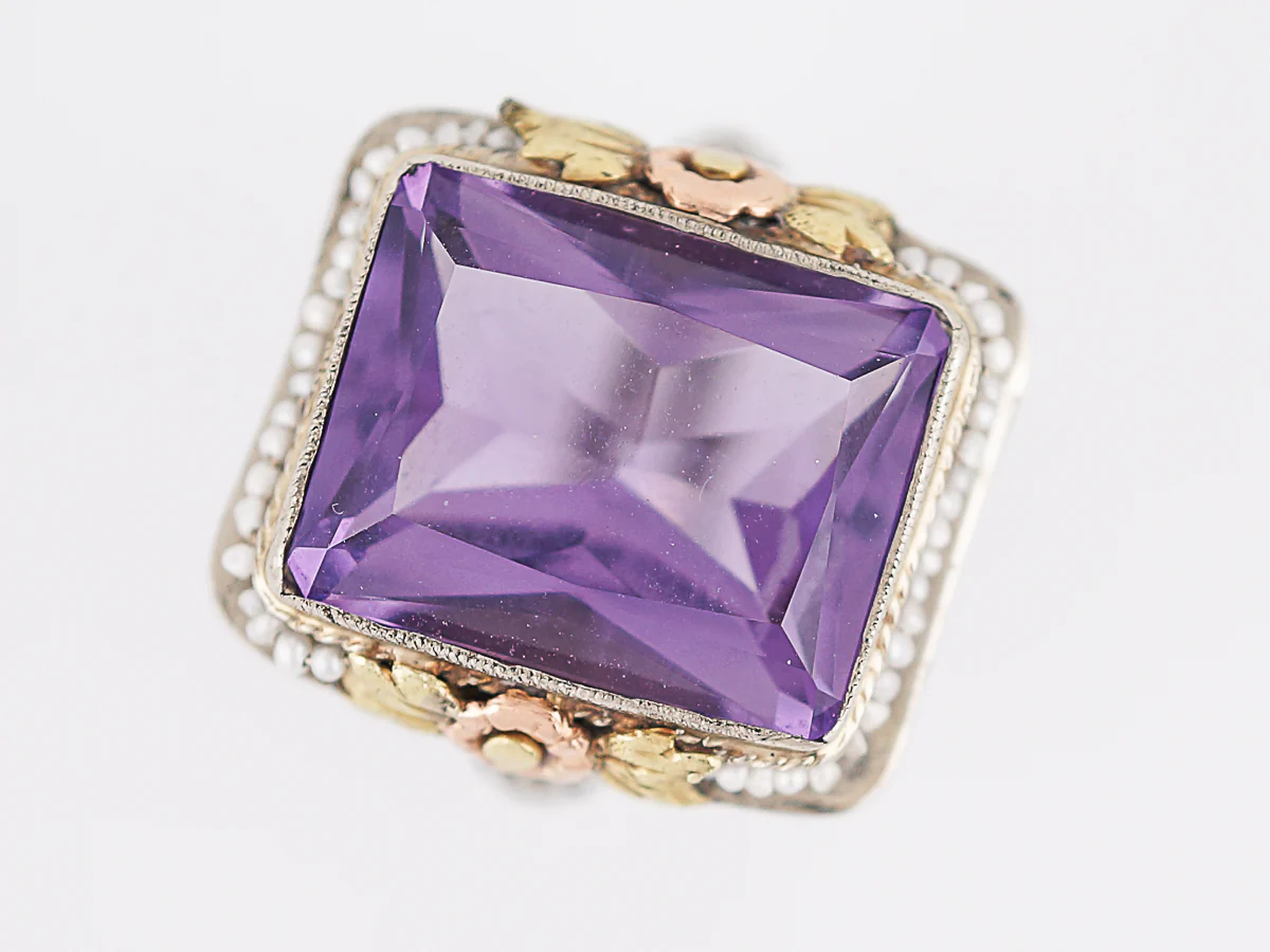 Antique Cocktail Ring Art Deco 10.43 Emerald Cut Amethyst in 14k Yellow, White & Rose Gold - Image 4