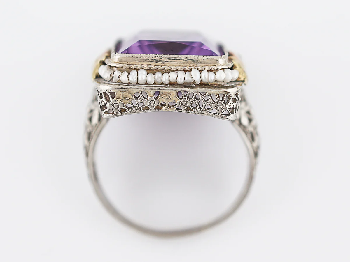 Antique Cocktail Ring Art Deco 10.43 Emerald Cut Amethyst in 14k Yellow, White & Rose Gold - Image 6