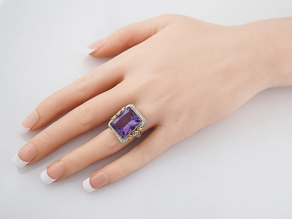 Antique Cocktail Ring Art Deco 10.43 Emerald Cut Amethyst in 14k Yellow, White & Rose Gold - Image 7