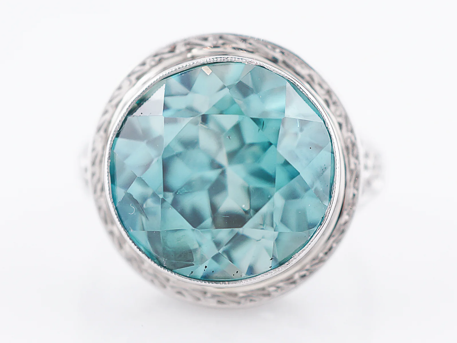Antique Cocktail Ring Art Deco 14.16 Round Cut Zircon in 14k White Gold