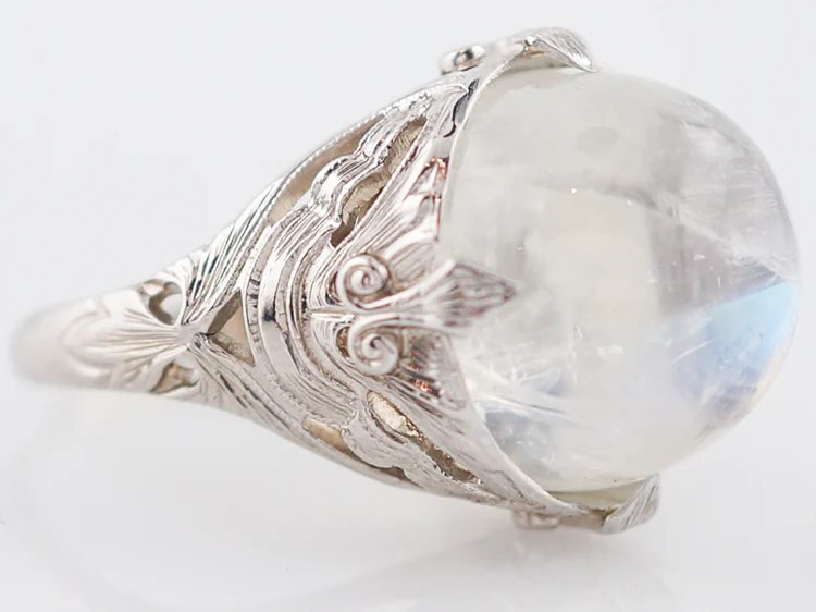 Antique Cocktail Ring Art Deco 16.45 Cabochon Cut Moonstone in 14k White Gold - Image 2