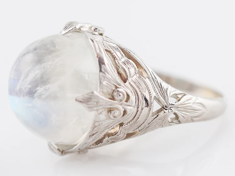 Antique Cocktail Ring Art Deco 16.45 Cabochon Cut Moonstone in 14k White Gold - Image 3
