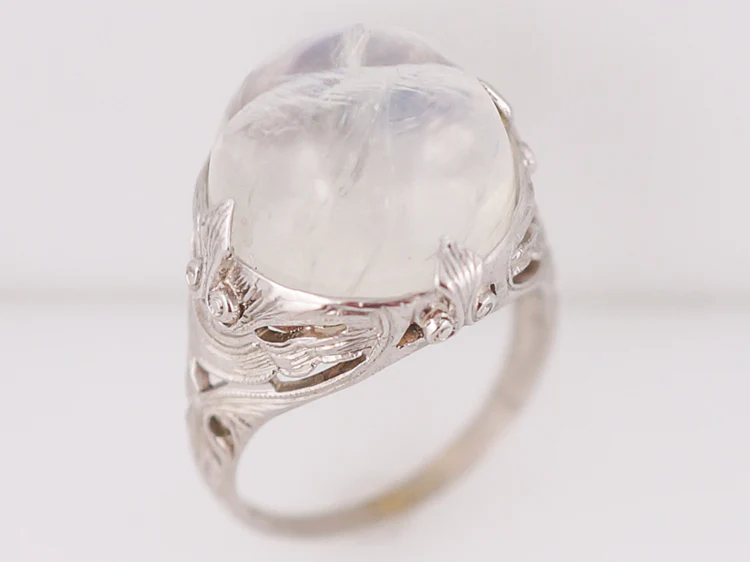 Antique Cocktail Ring Art Deco 16.45 Cabochon Cut Moonstone in 14k White Gold - Image 4