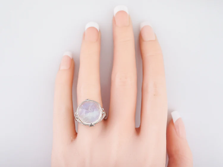 Antique Cocktail Ring Art Deco 16.45 Cabochon Cut Moonstone in 14k White Gold - Image 7