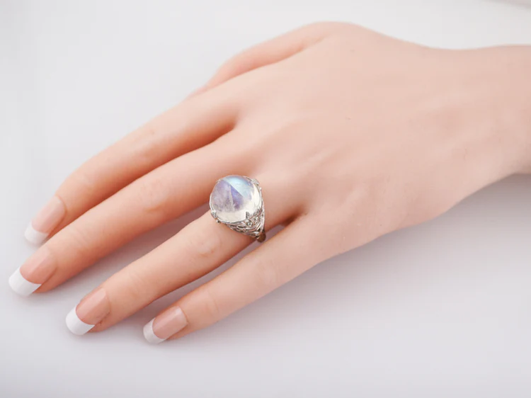 Antique Cocktail Ring Art Deco 16.45 Cabochon Cut Moonstone in 14k White Gold - Image 9