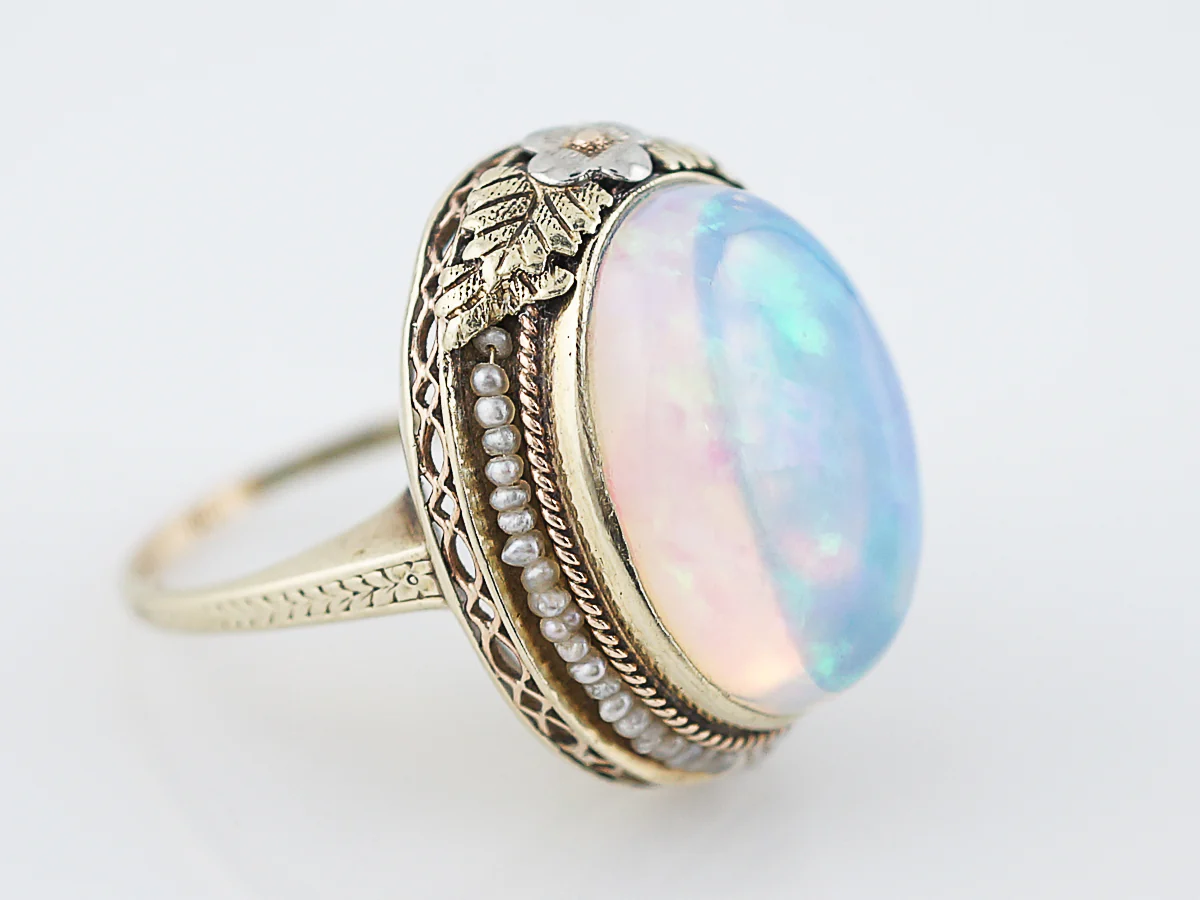 Antique Cocktail Ring Art Deco 20 Carat Cabochon Cut Opal in 14k Yellow Gold - Image 2