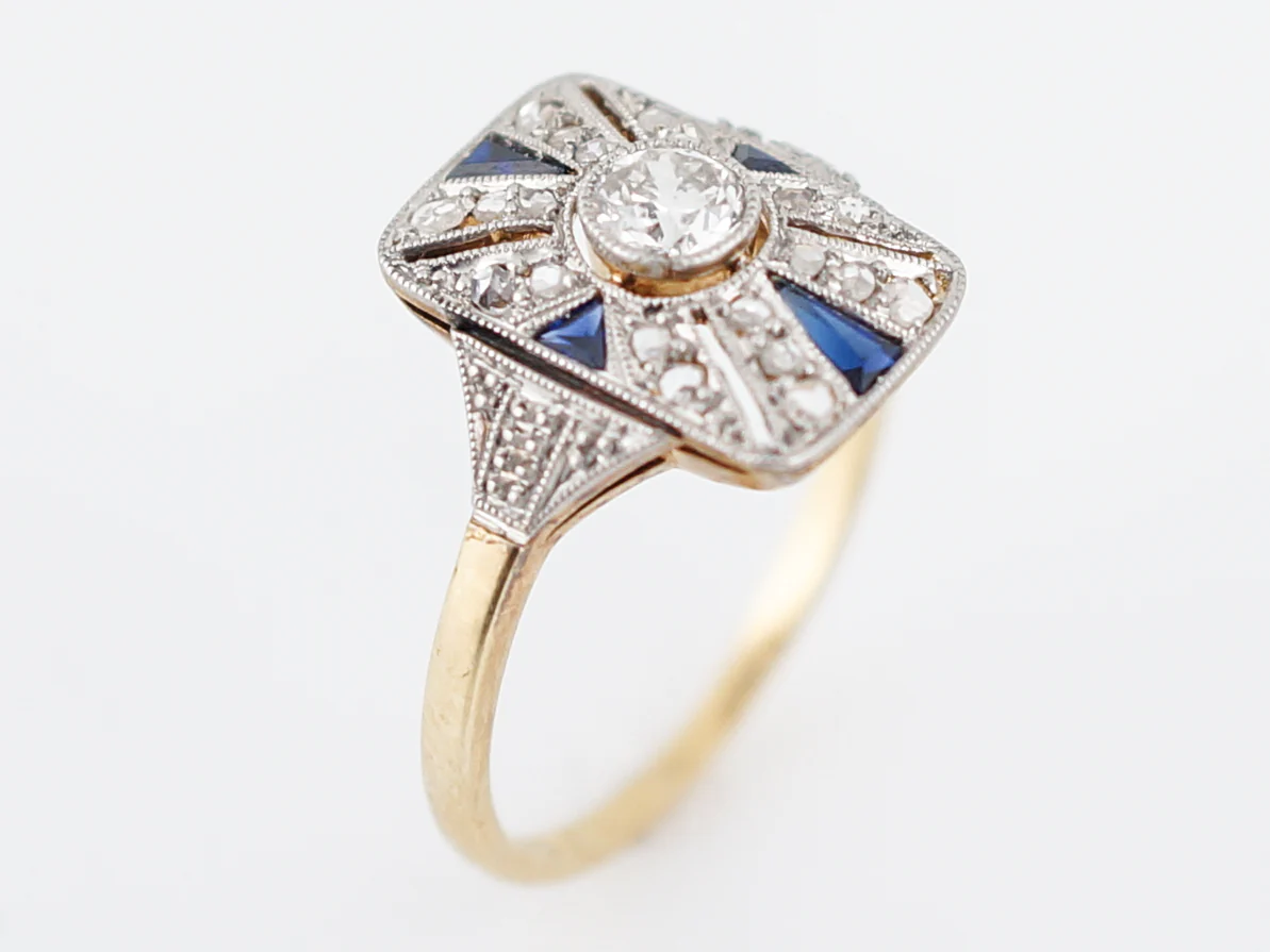 Antique Cocktail Ring Art Deco .21 Old European Cut Diamond and .20 Sapphire in 18K Yellow & White Gold - Image 6