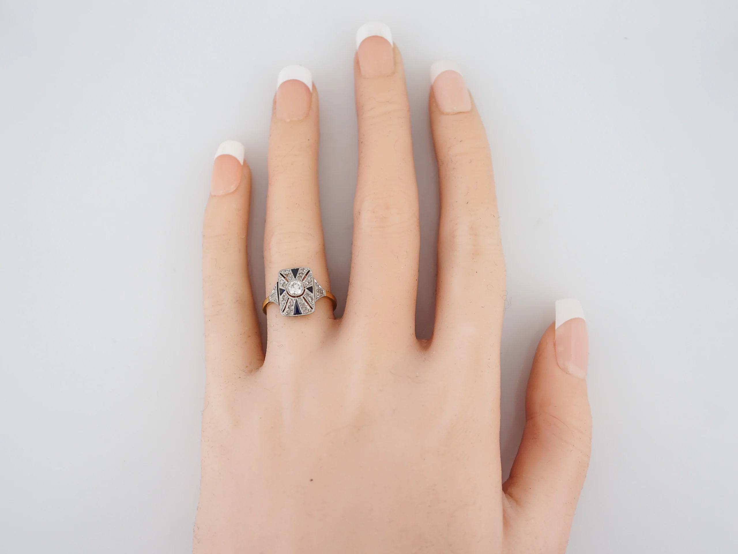 Antique Cocktail Ring Art Deco .21 Old European Cut Diamond and .20 Sapphire in 18K Yellow & White Gold - Image 7