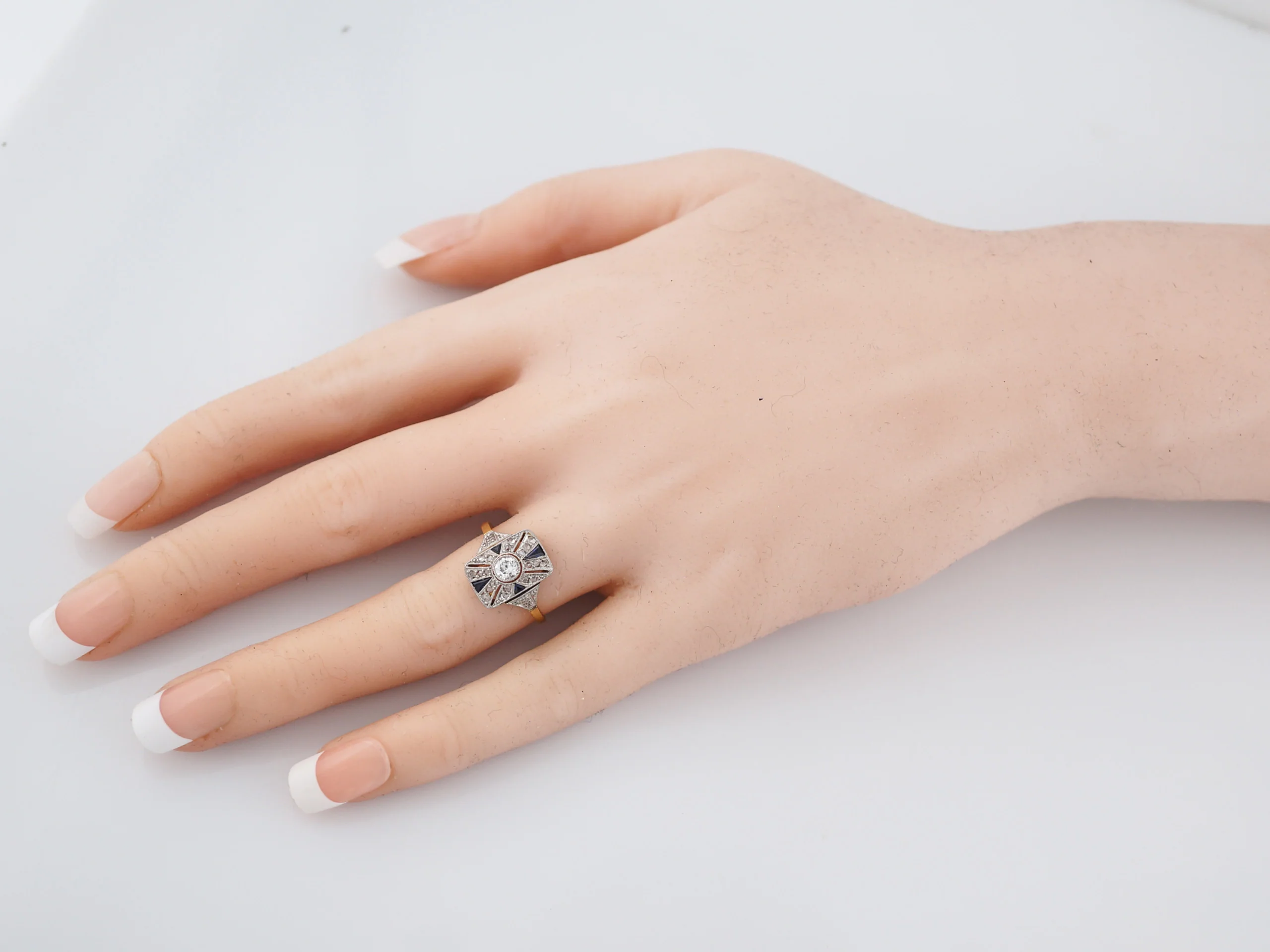Antique Cocktail Ring Art Deco .21 Old European Cut Diamond and .20 Sapphire in 18K Yellow & White Gold - Image 8
