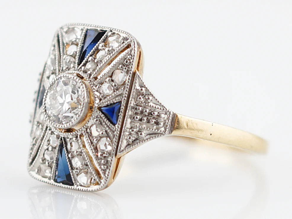 Antique Cocktail Ring Art Deco .21 Old European Cut Diamond and .20 Sapphires in 18K Yellow & White Gold - Image 2