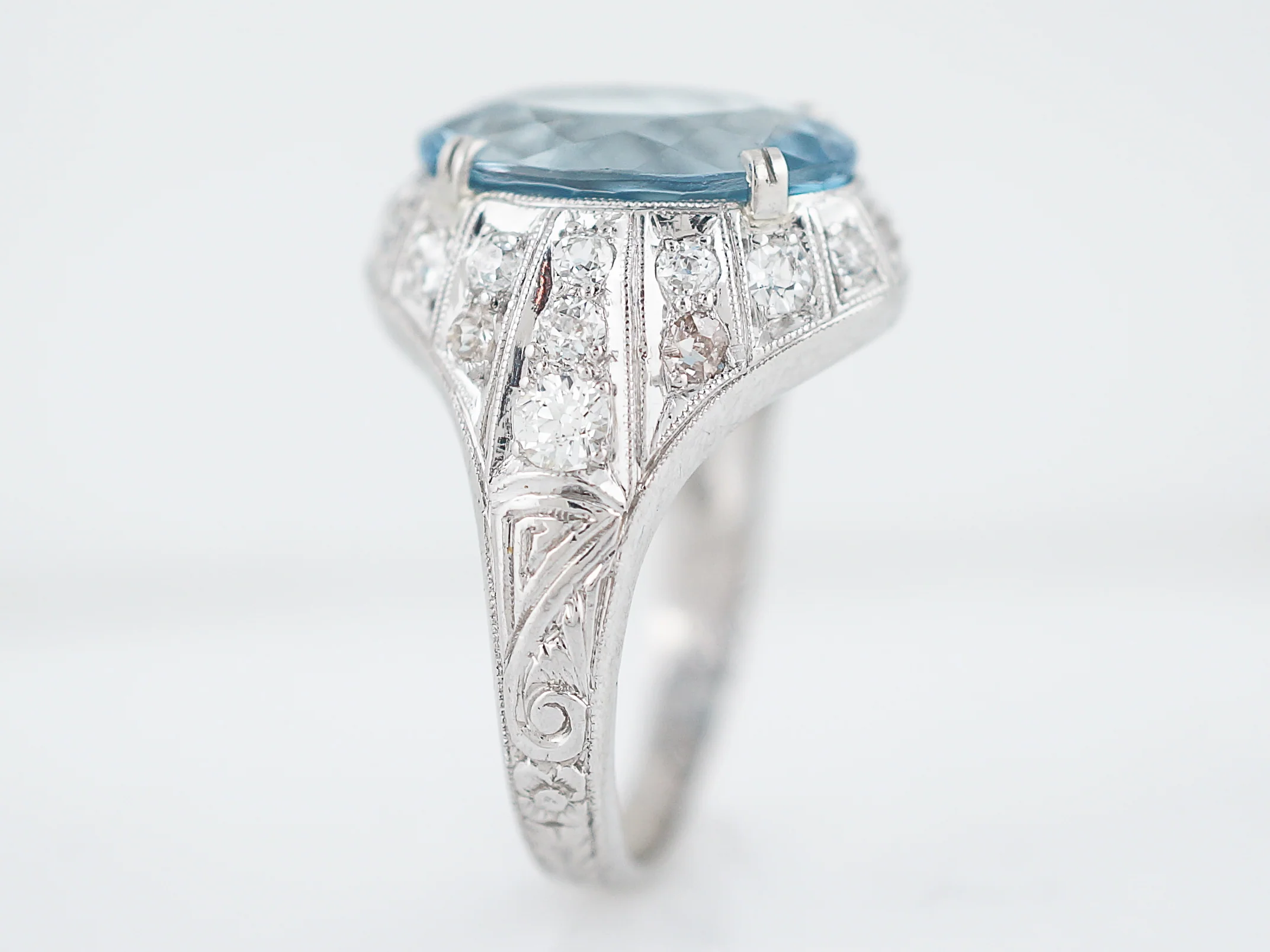 Antique Cocktail Ring Art Deco 3.70 Oval Cut Aquamarine in Platinum - Image 5
