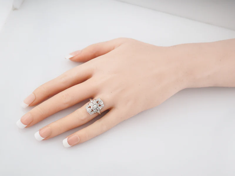 Antique Cocktail Ring Art Deco .32 Round Brilliant Cut Diamonds in 18k White Gold - Image 7