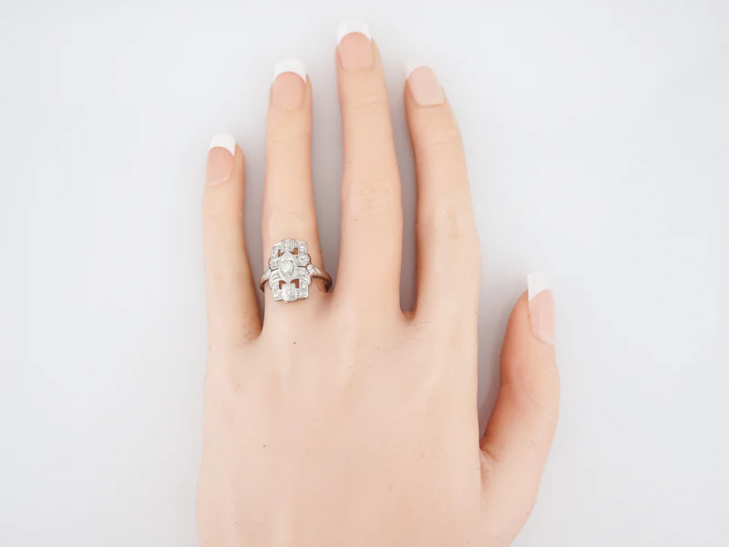 Antique Cocktail Ring Art Deco .32 Round Brilliant Cut Diamonds in 18k White Gold - Image 5