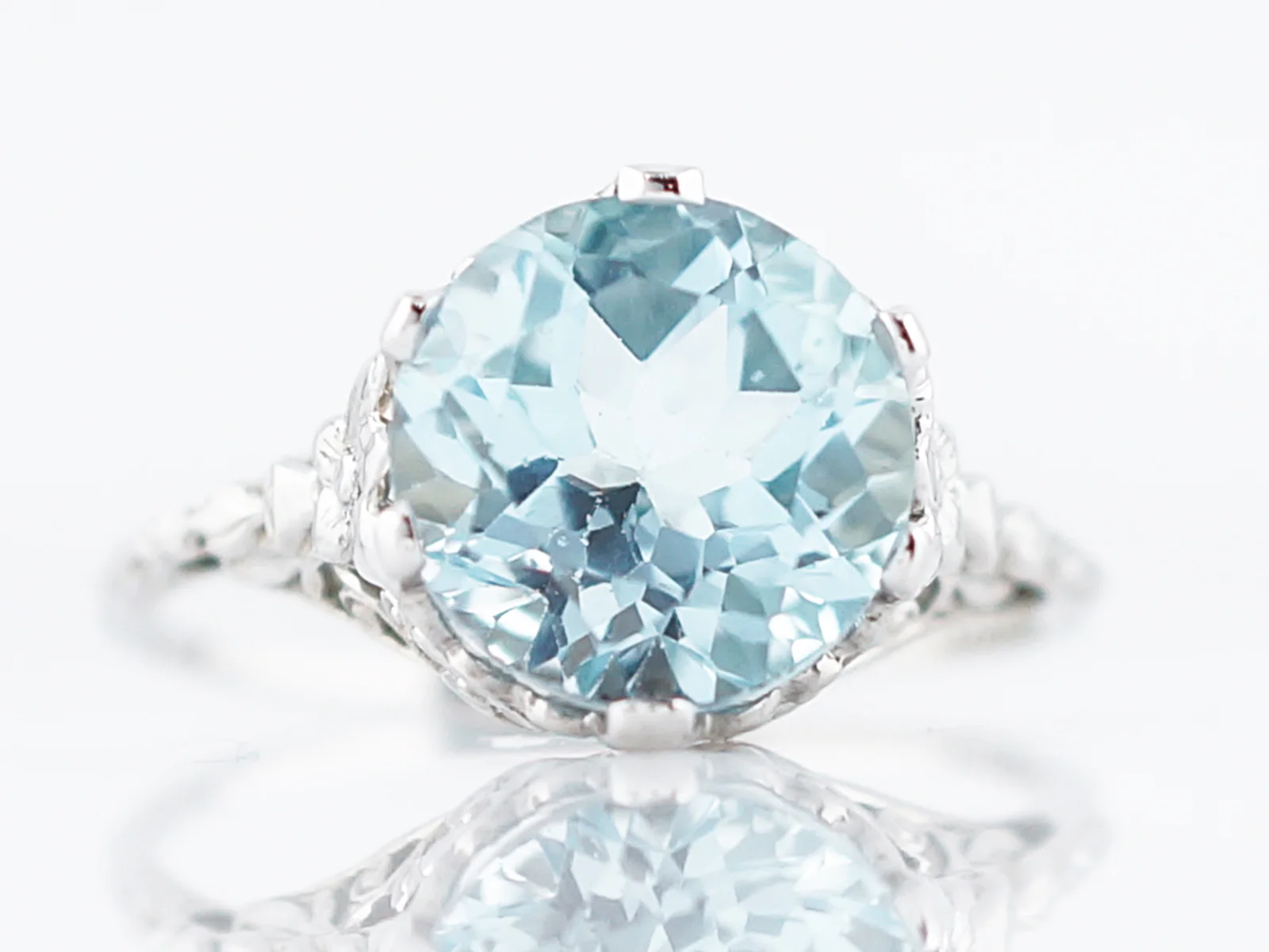 Antique Cocktail Ring Art Deco 4.80 Round Brilliant Cut Aquamarine in 14k White Gold