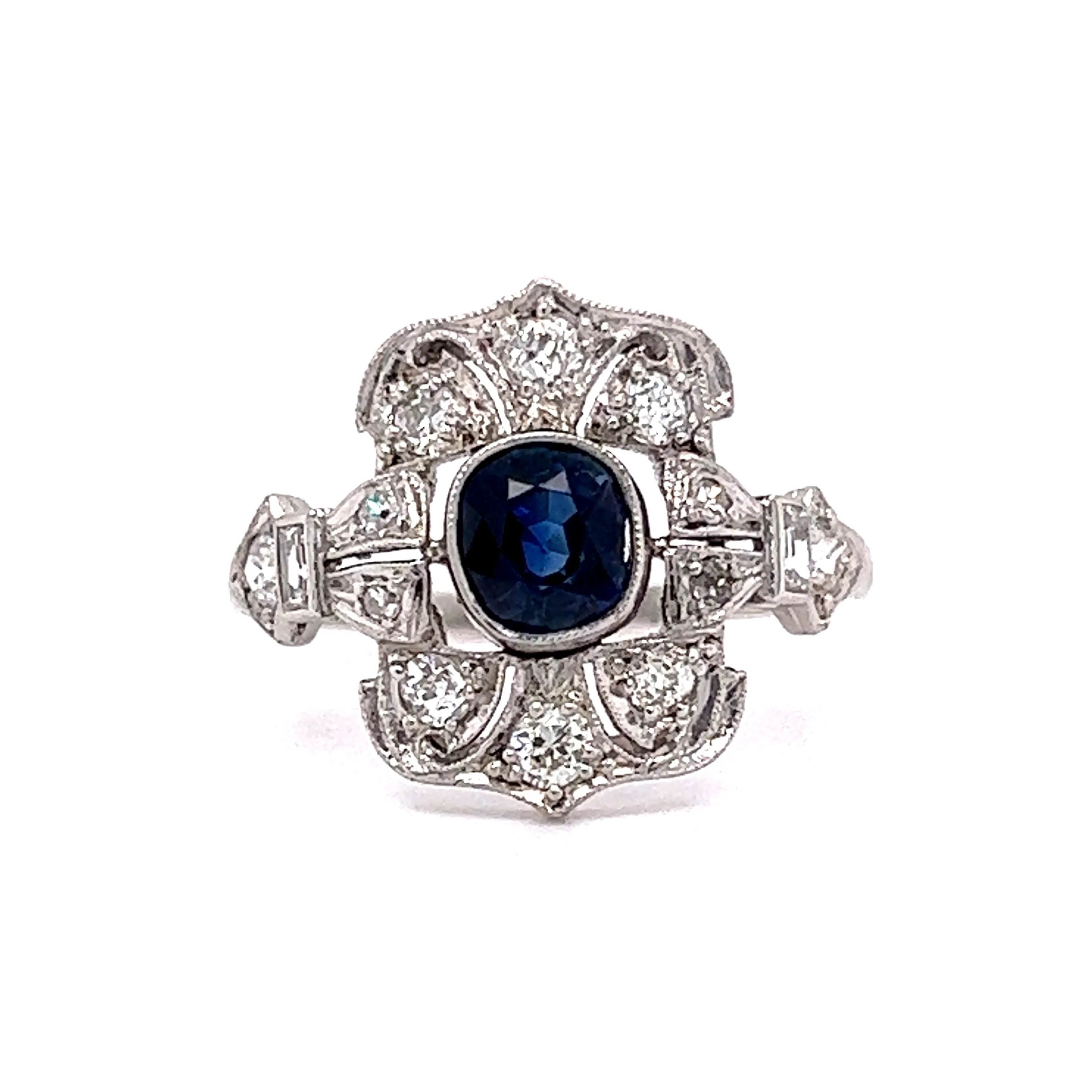 .70 Cushion Cut Sapphire & .50 Single Cut Diamond Ring Platinum