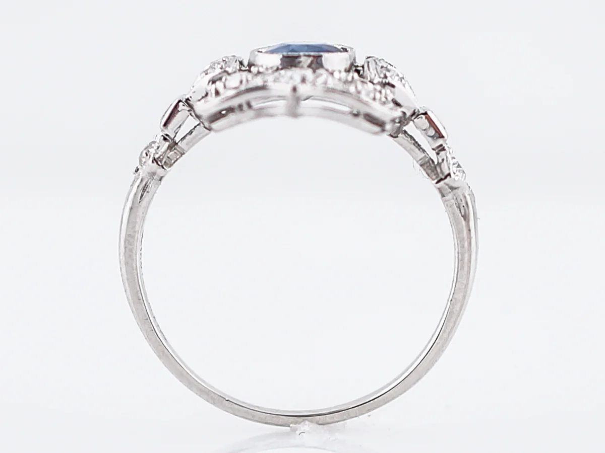 Antique Cocktail Ring Art Deco .70 Cushion Cut Sapphire & .50 Single Cut Diamonds in Platinum - Image 4