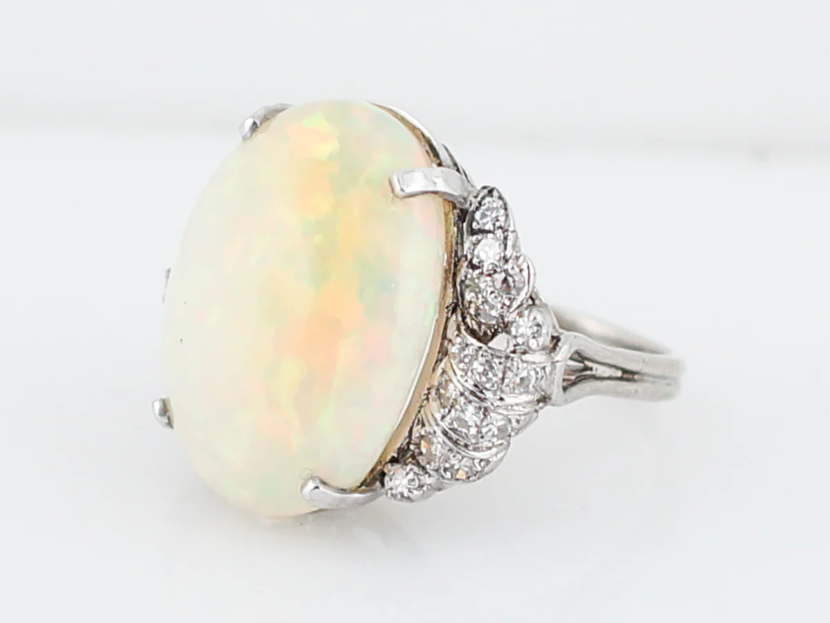 Antique Cocktail Ring Late Art Deco 13.09 Cabochon Cut Opal in Platinum - Image 2