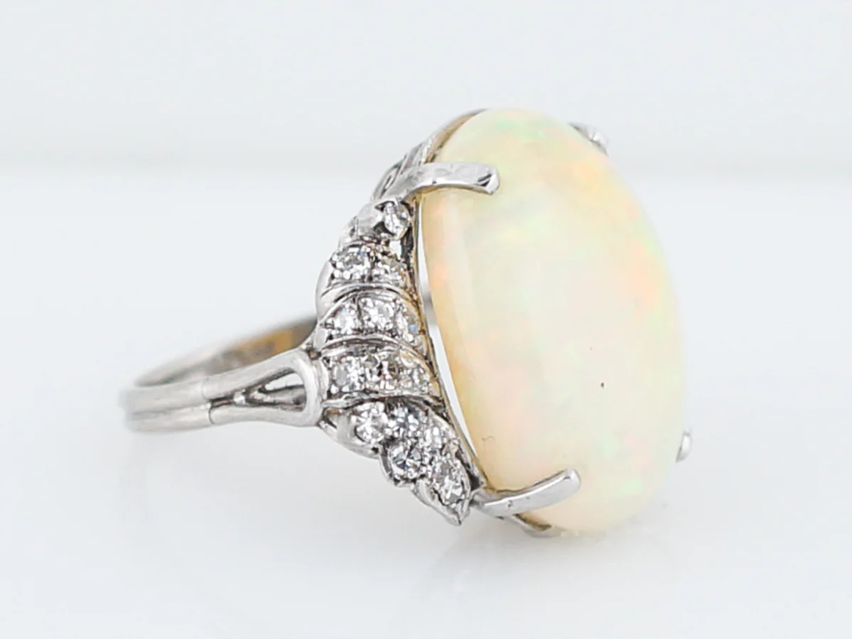 Antique Cocktail Ring Late Art Deco 13.09 Cabochon Cut Opal in Platinum - Image 3
