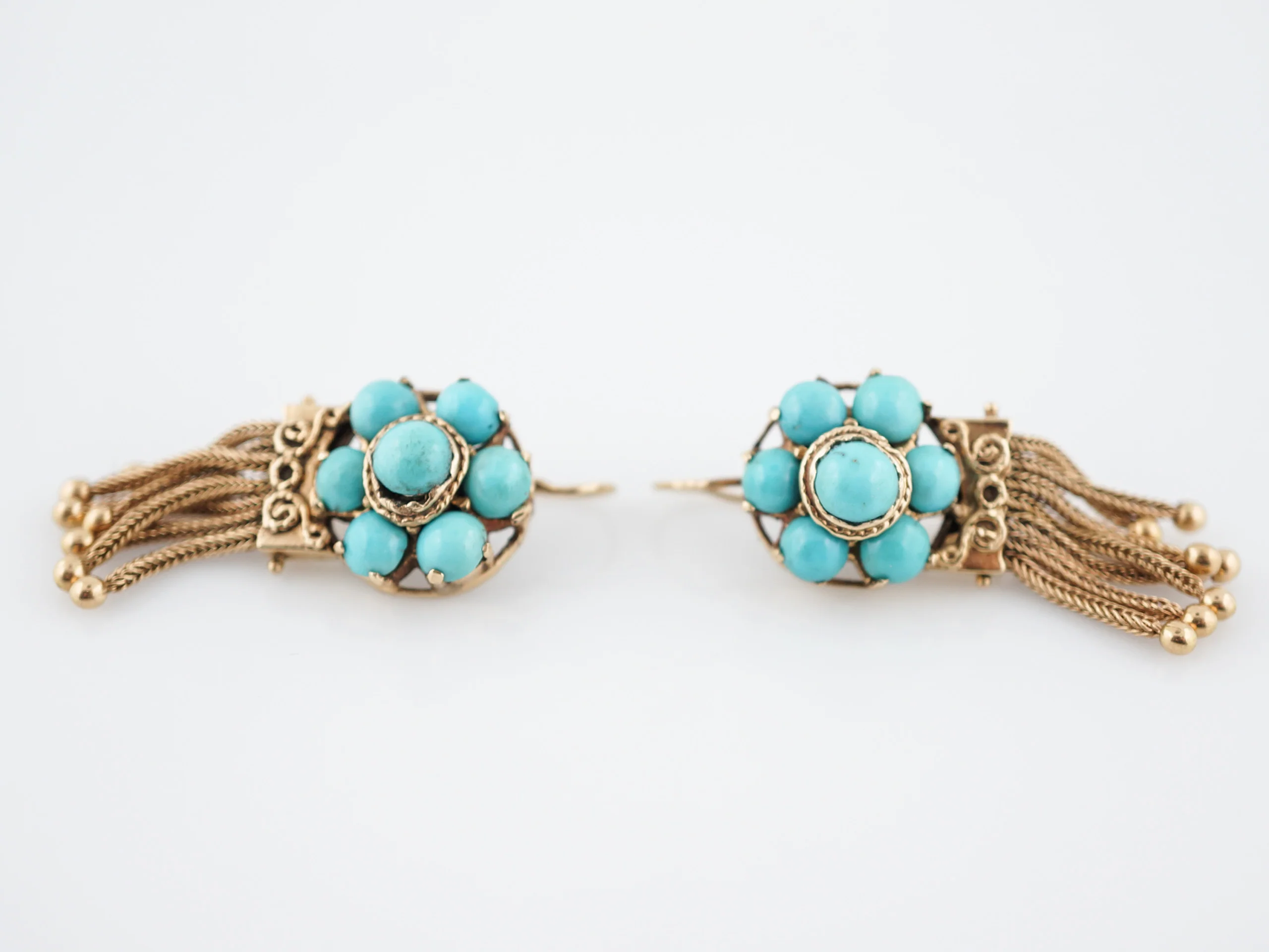 Antique Dangle Drop Earrings Victorian Cabochon Cut Turquoise in 14k Yellow Gold - Image 2