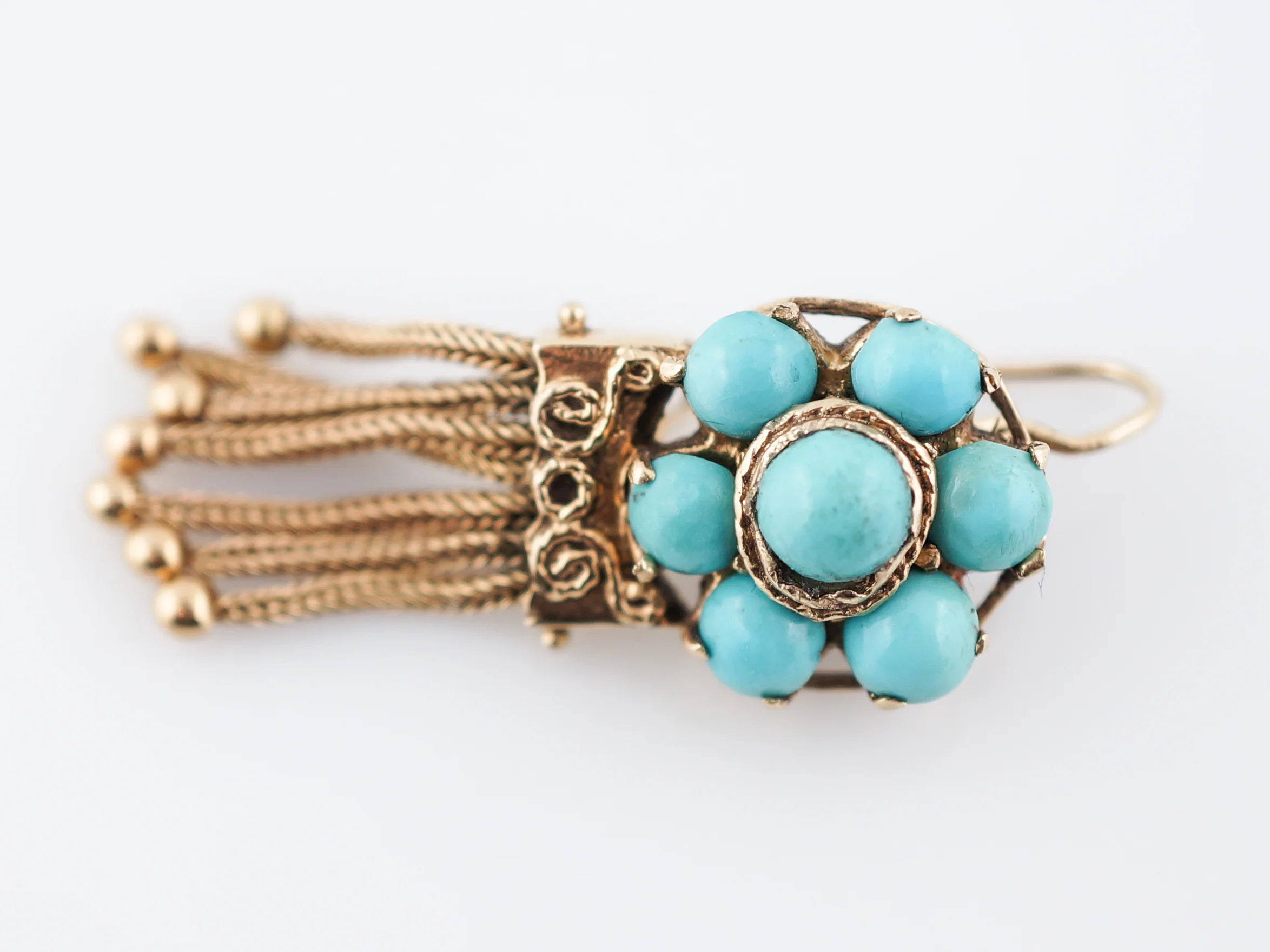 Antique Dangle Drop Earrings Victorian Cabochon Cut Turquoise in 14k Yellow Gold - Image 3