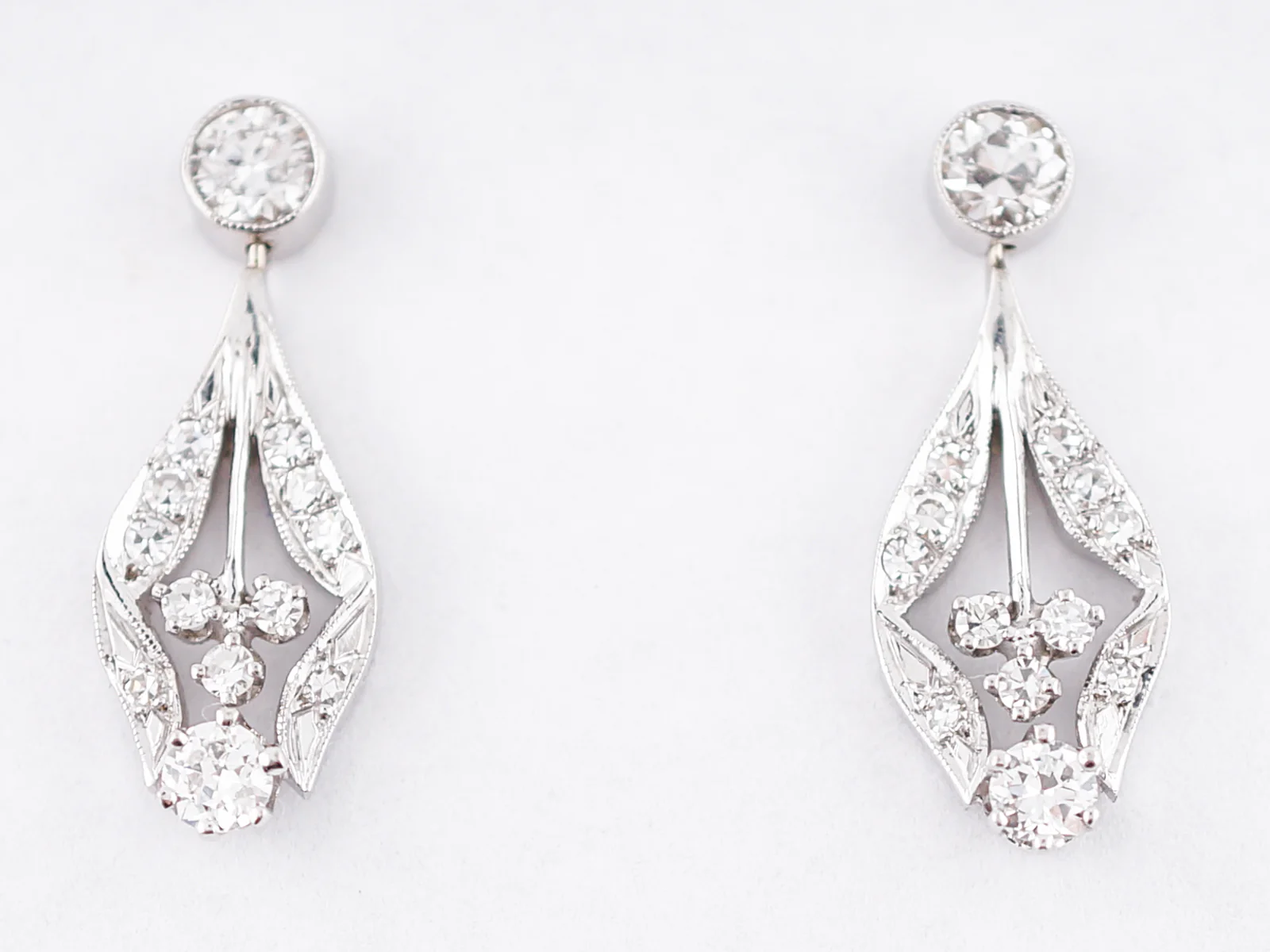 Antique Dangle Earrings Art Deco 1.65 Old European & Single Cut Diamonds in 14k White Gold