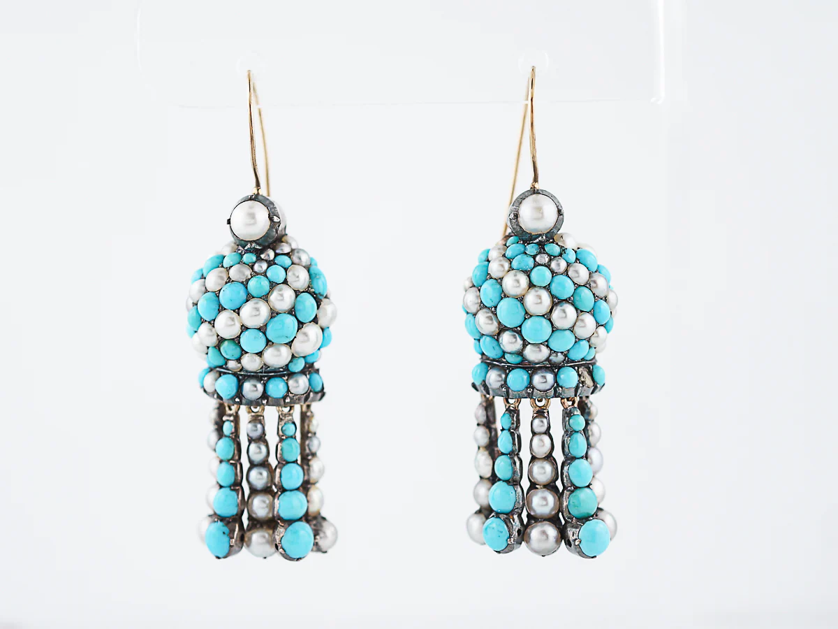 Antique Dangle Earrings Victorian Cabochon Cut Turquoise & Pearls in 14/15K Yellow Gold - Image 2