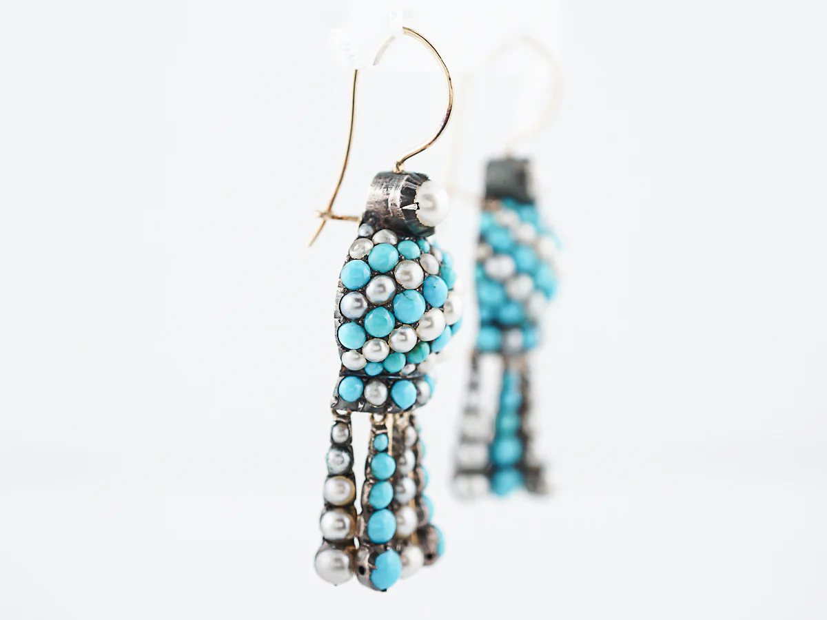 Antique Dangle Earrings Victorian Cabochon Cut Turquoise & Pearls in 14/15K Yellow Gold - Image 3