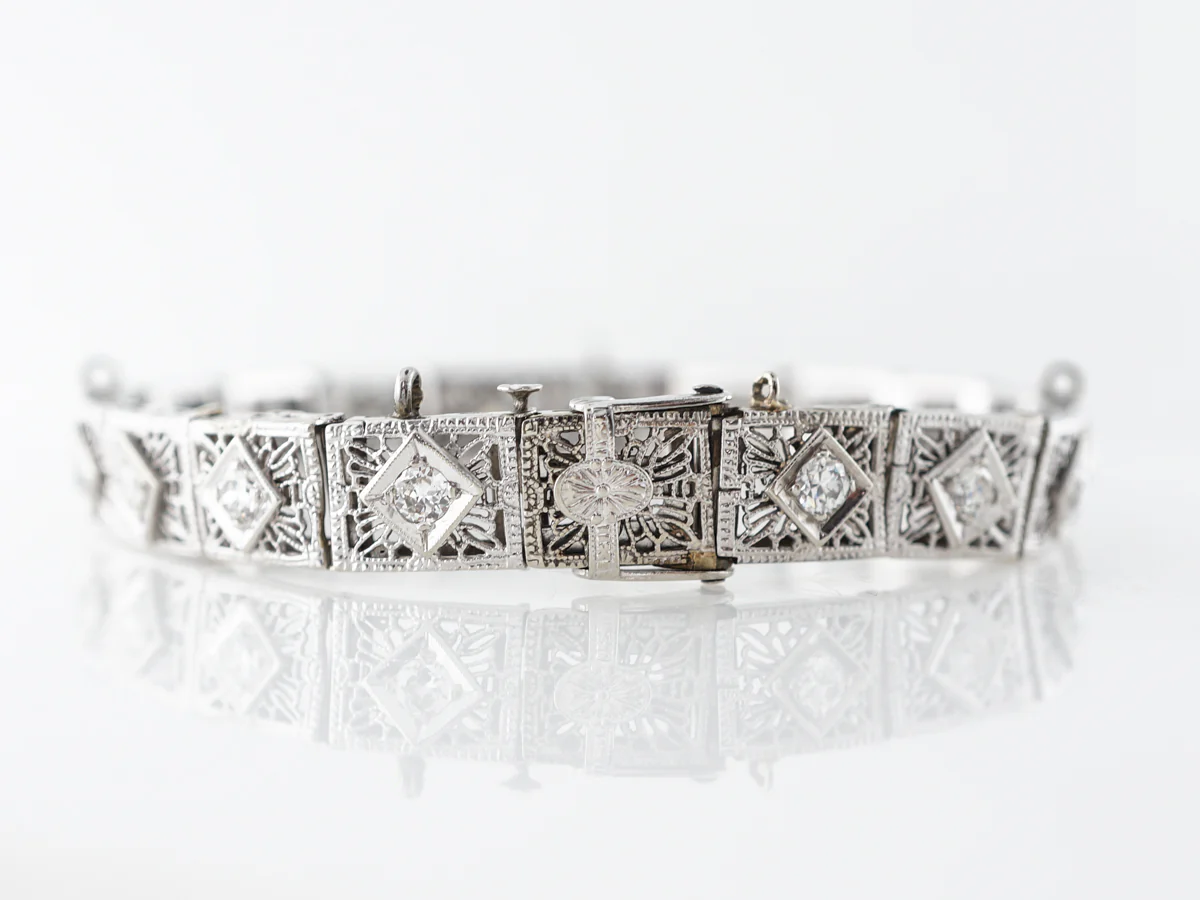 Antique Deco Diamond Bracelet w/ Filigree in White Gold - Image 2