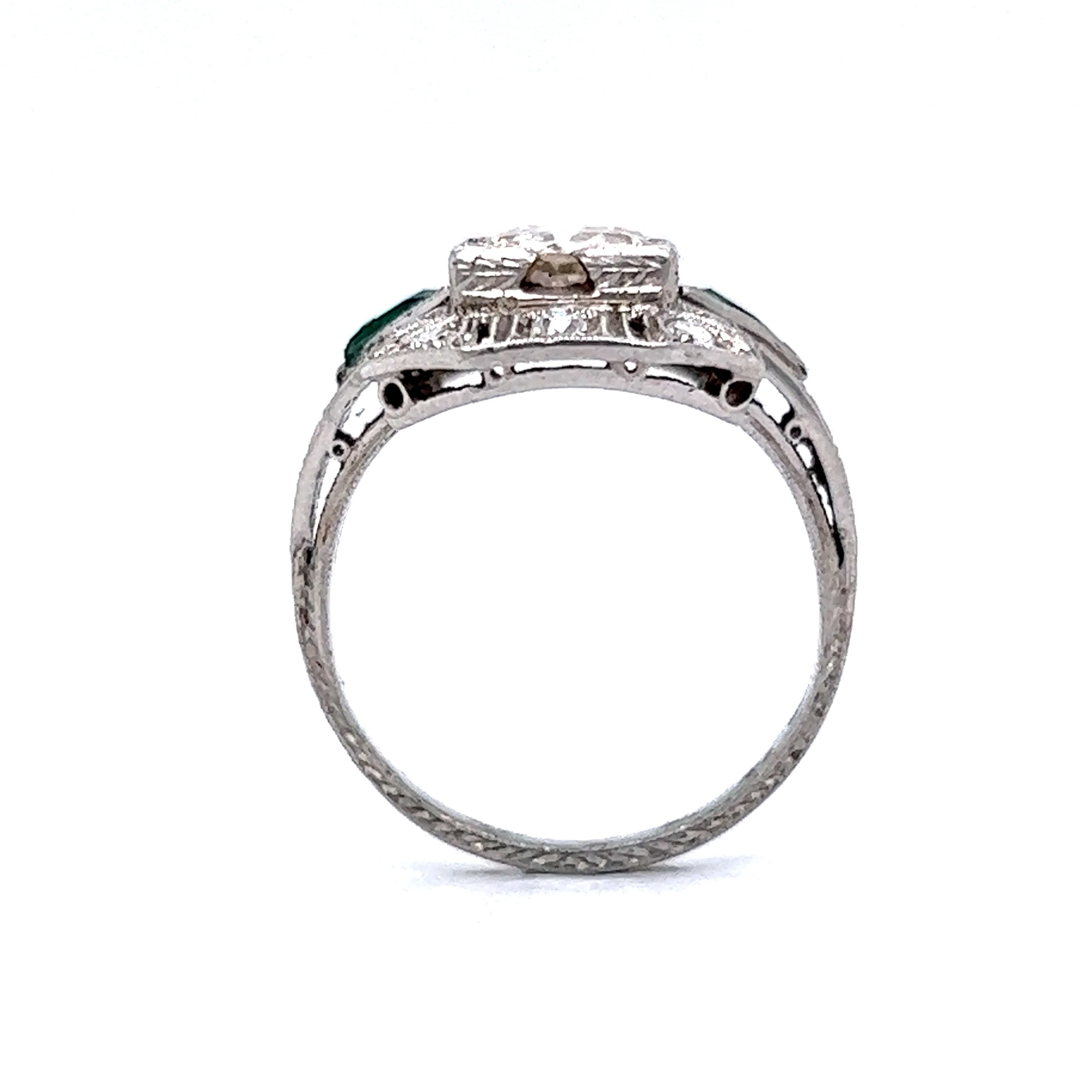 Antique Double Diamond & Emerald Cocktail Ring in Platinum - Image 4