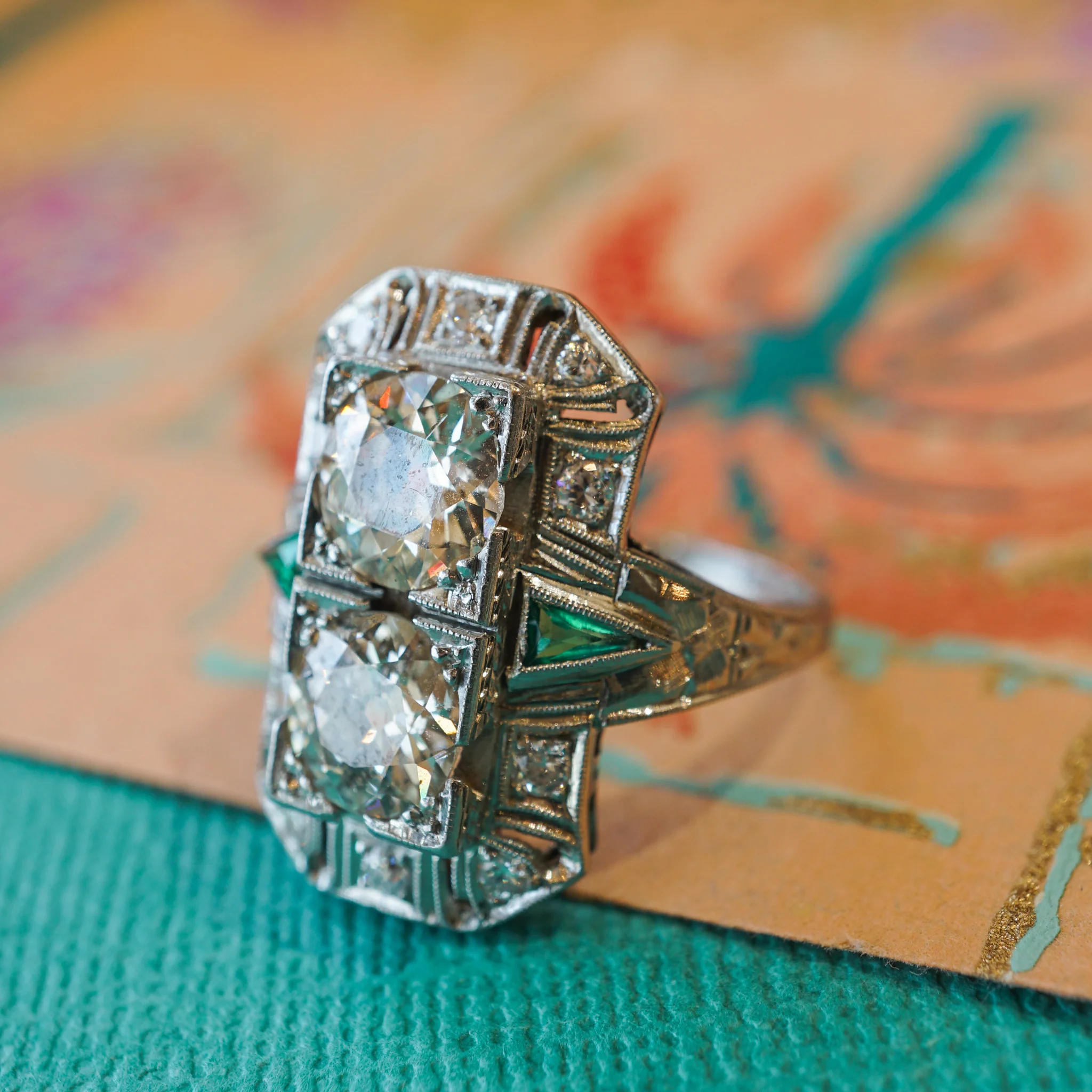 Antique Double Diamond & Emerald Cocktail Ring in Platinum - Image 7