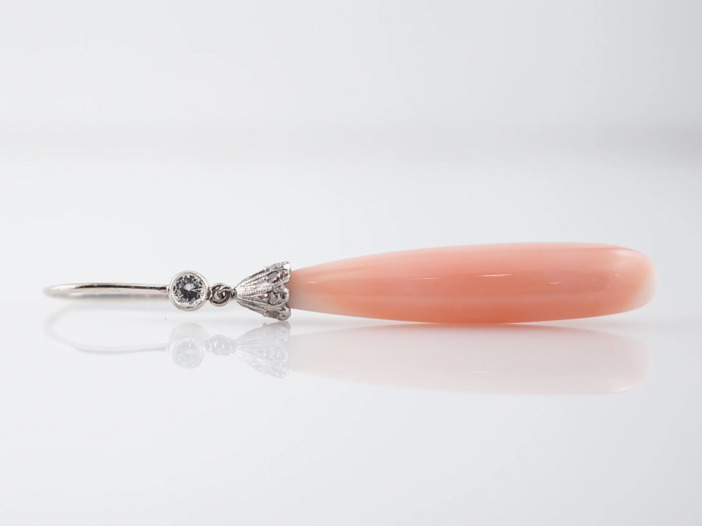 Antique Earrings Art Deco Cabochon Cut Angel Skin Coral & .22 Round Brilliant Cut Diamonds in 18K White Gold - Image 4