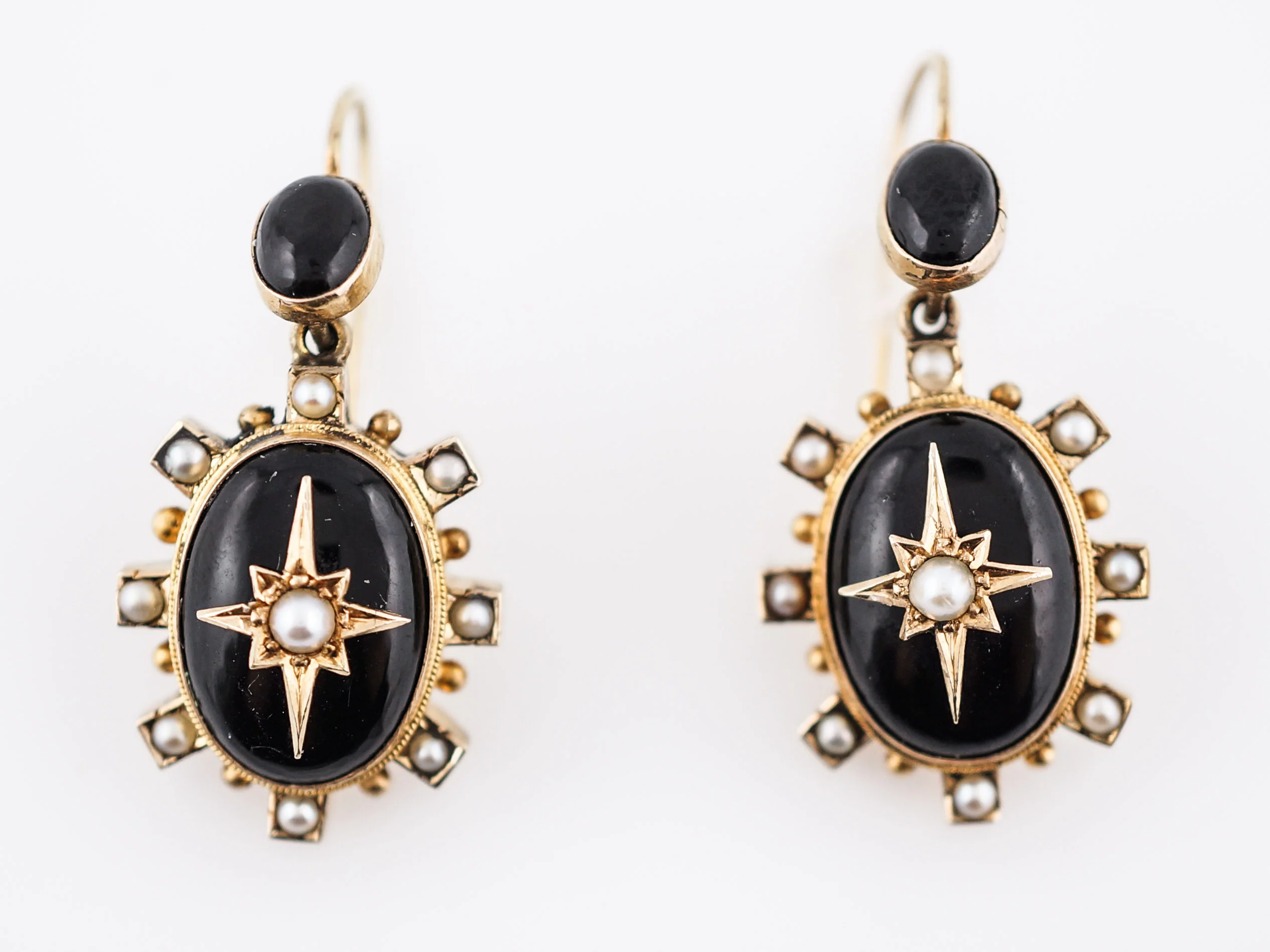 Antique Earrings Victorian Seed Pearl & Onyx in 15k Yellow Gold