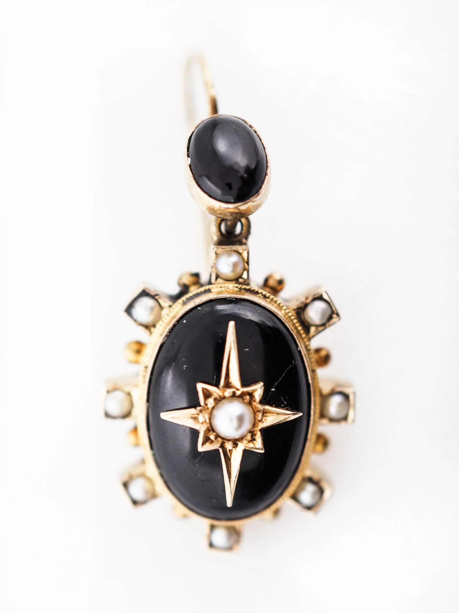 Antique Earrings Victorian Seed Pearl & Onyx in 15k Yellow Gold - Image 2