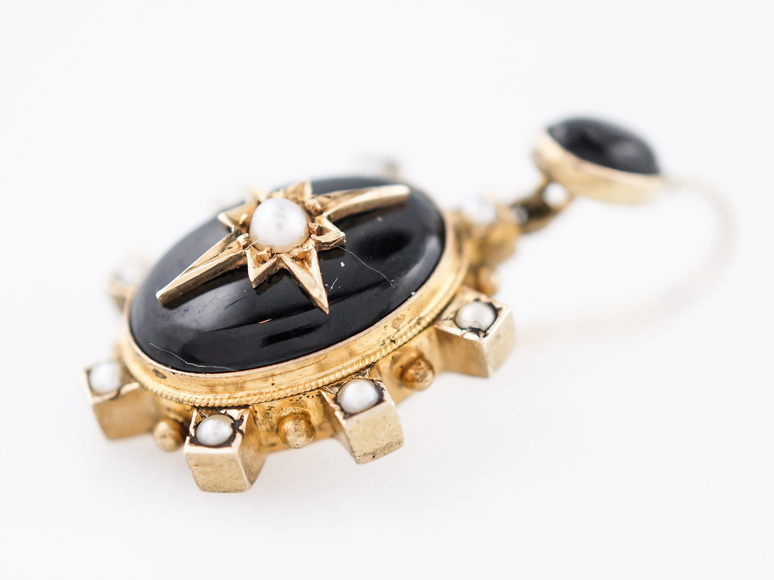 Antique Earrings Victorian Seed Pearl & Onyx in 15k Yellow Gold - Image 3