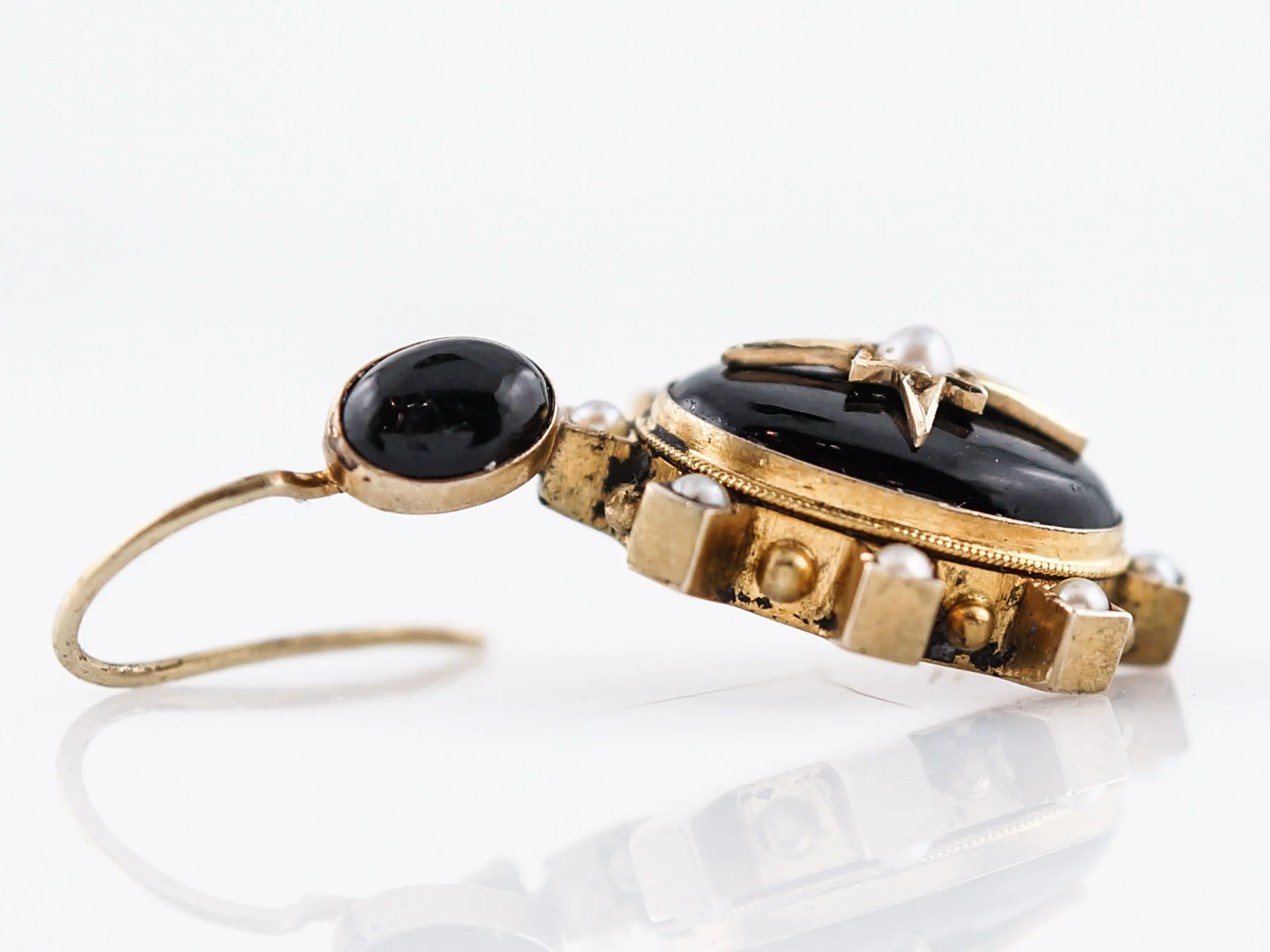 Antique Earrings Victorian Seed Pearl & Onyx in 15k Yellow Gold - Image 4
