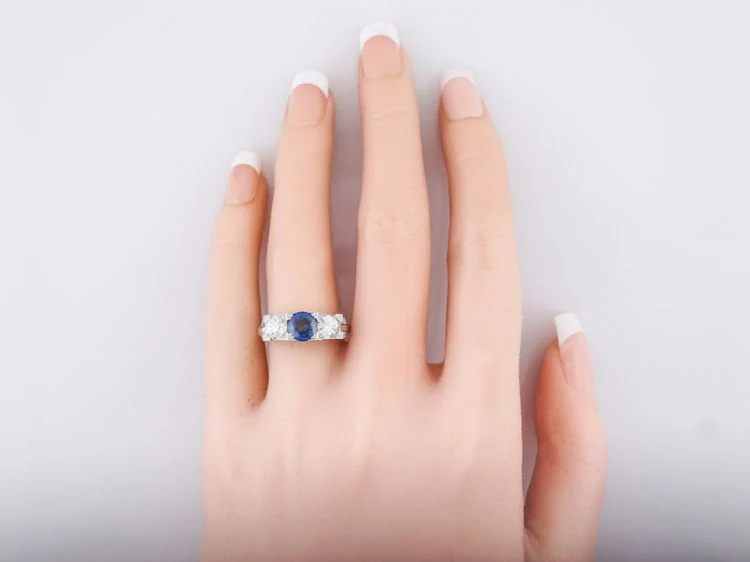 Antique Engagement Ring Art Deco 1.39 Round Cut Sapphire & 1.01 Old European Cut Diamonds in Platinum - Image 6