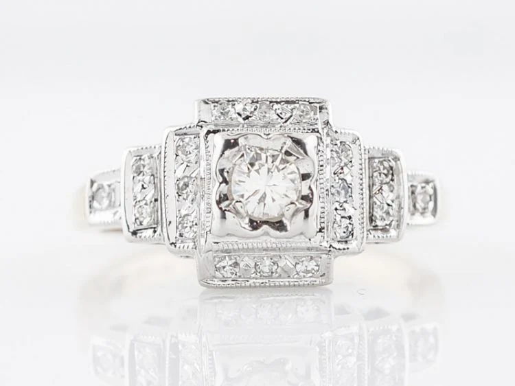 Antique Engagement Ring Art Deco .16 Round Brilliant Cut Diamond in 14k White & Yellow Gold