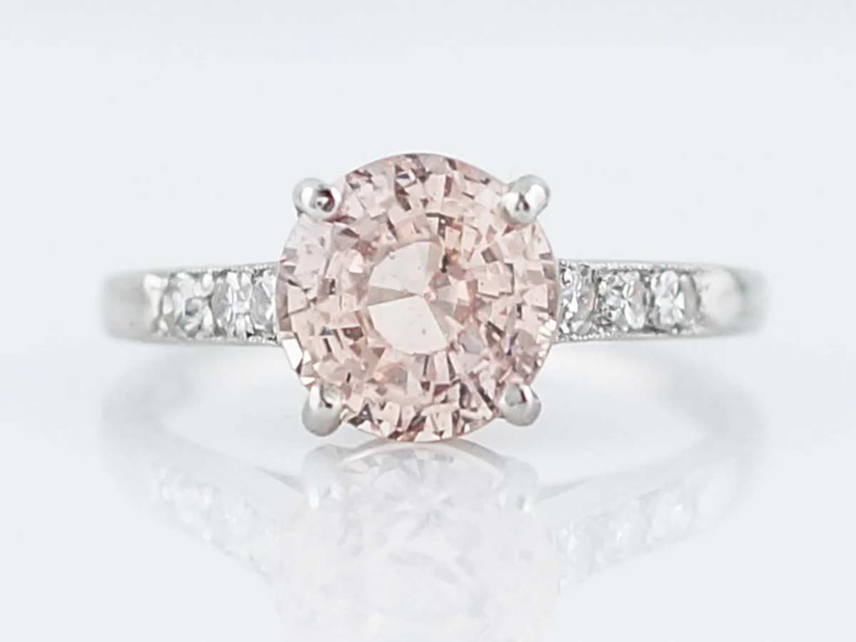 Antique Engagement Ring Art Deco 3.01 Round Cut Peach Sapphire in Platinum - Image 2