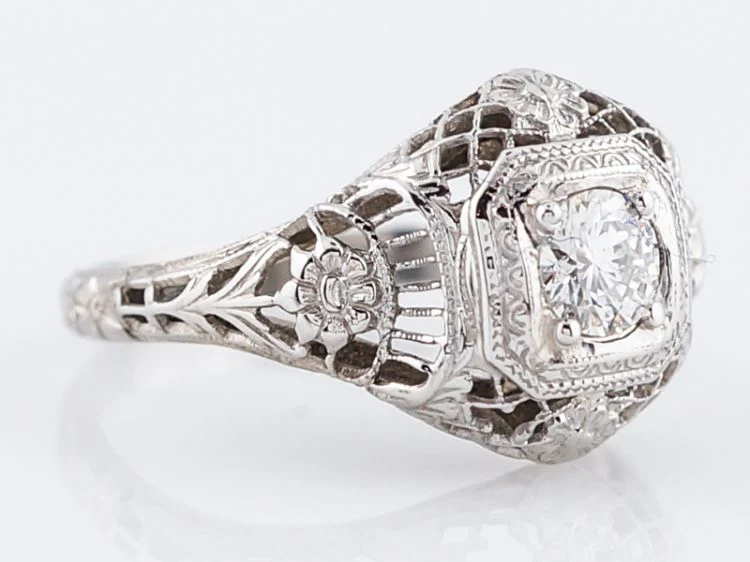 Antique Engagement Ring Art Deco .30 Round Brilliant Cut Diamond in 18k White Gold - Image 2