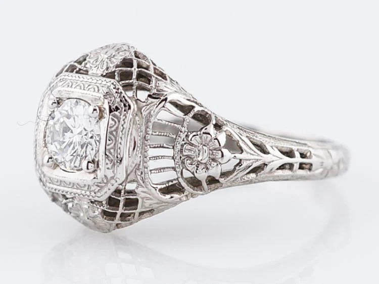 Antique Engagement Ring Art Deco .30 Round Brilliant Cut Diamond in 18k White Gold - Image 3