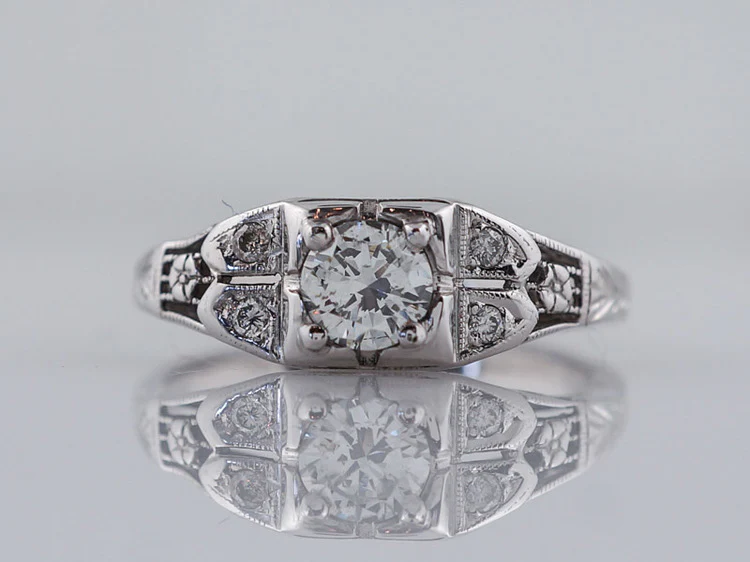 Antique Engagement Ring Art Deco .32ct Transitional Cut Diamond in 18k White Gold