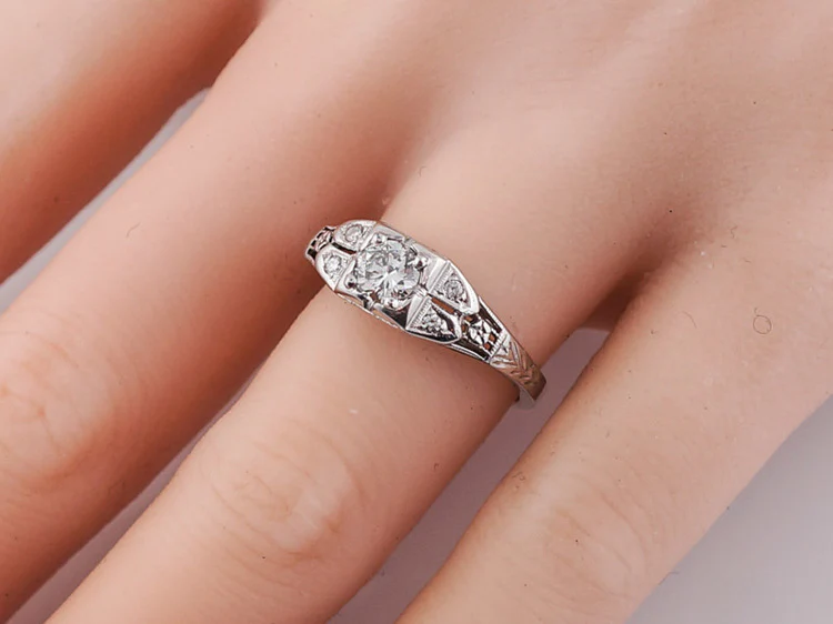 Antique Engagement Ring Art Deco .32ct Transitional Cut Diamond in 18k White Gold - Image 7