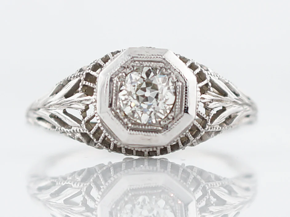 Antique Engagement Ring Art Deco .43 Old European Cut Diamond in 18k White Gold