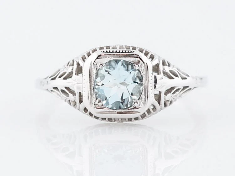 Antique Engagement Ring Art Deco .44 Round Cut Aquamarine in 18k White Gold
