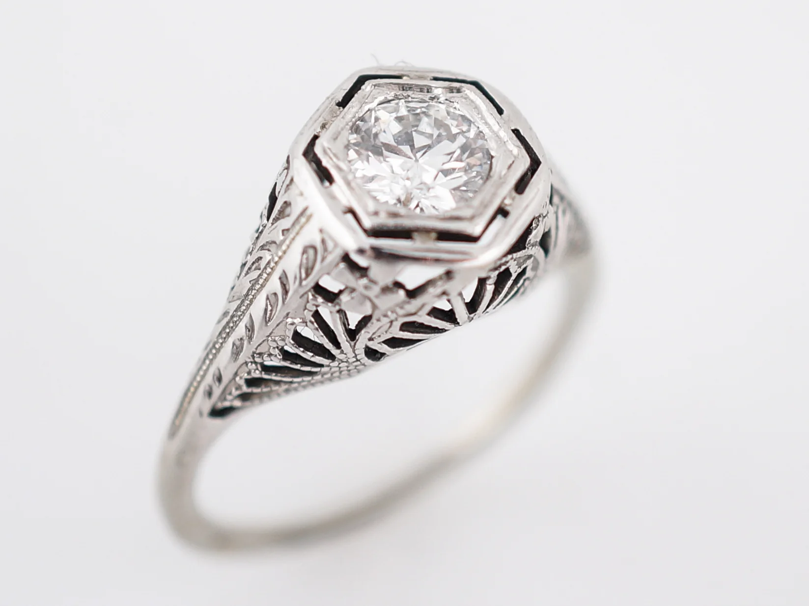 Antique Engagement Ring Art Deco .49 Old European Cut Diamond in 18k White Gold - Image 4
