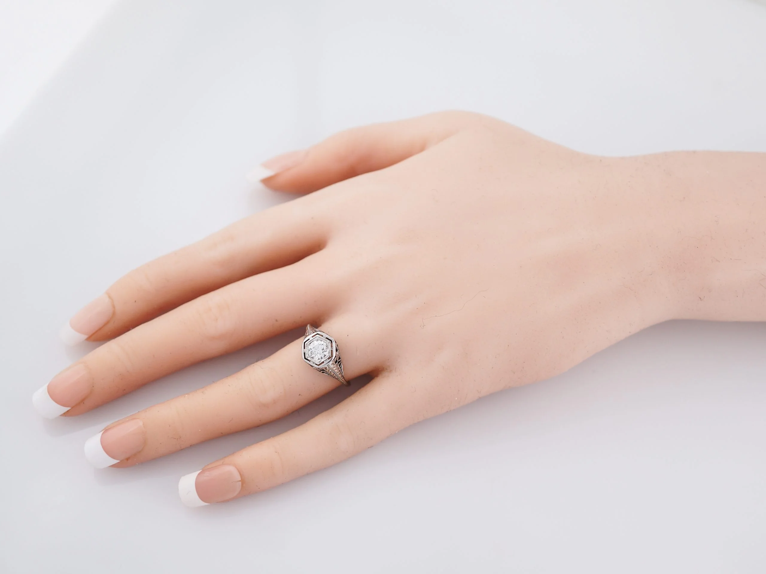 Antique Engagement Ring Art Deco .49 Old European Cut Diamond in 18k White Gold - Image 8