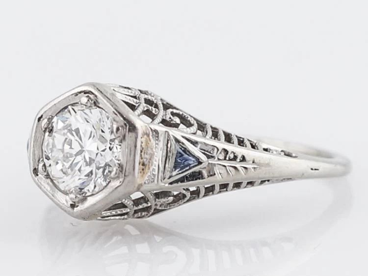 Antique Engagement Ring Art Deco .62 Round Brilliant Cut Diamond in 18k White Gold - Image 3